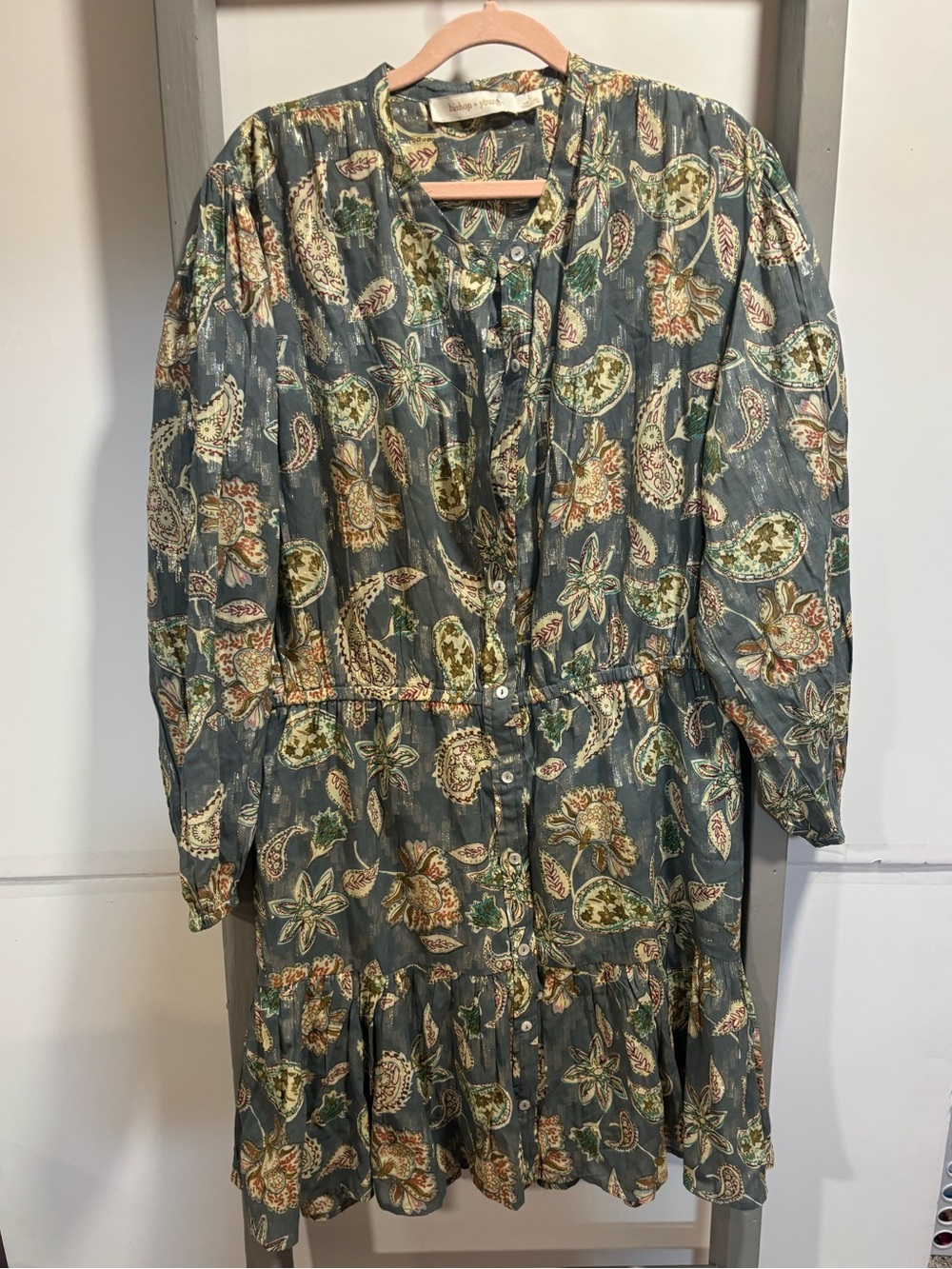 Bishop + Young Sz L part sheer tunic dress, Paisley, Bohemian, metallic, anthro